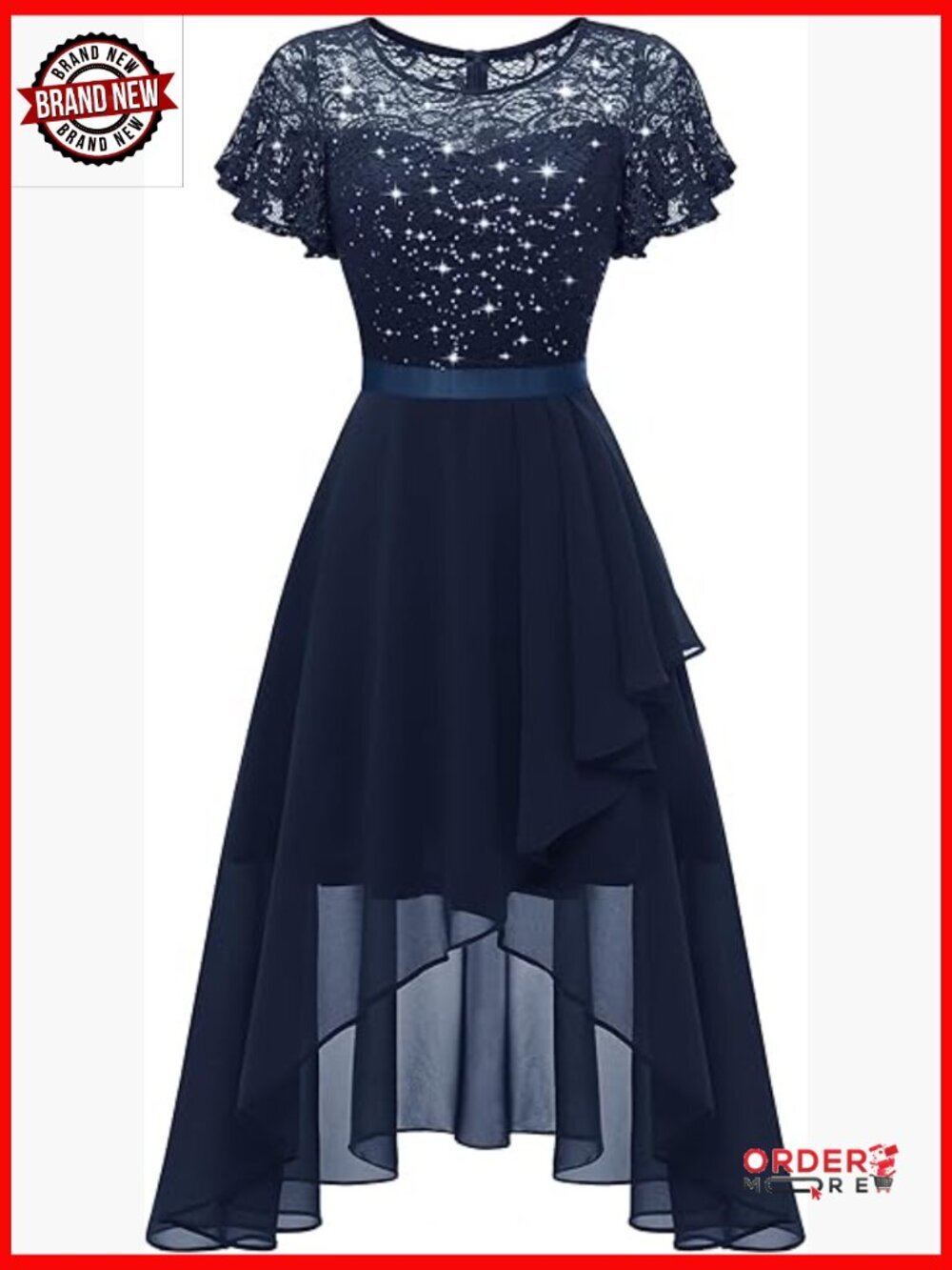 Sparkly Sequin Dress Flutter Sleeve A-Line Hi-Lo Hem Wedding Guest